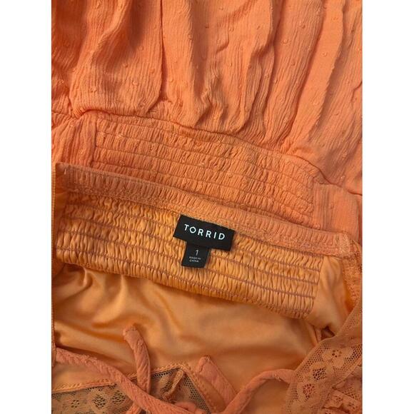 Torrid Orange Swiss Dot Lace Detail 3/4 Sleeve Tunic Blouse Size 1 - Picture 10 of 11